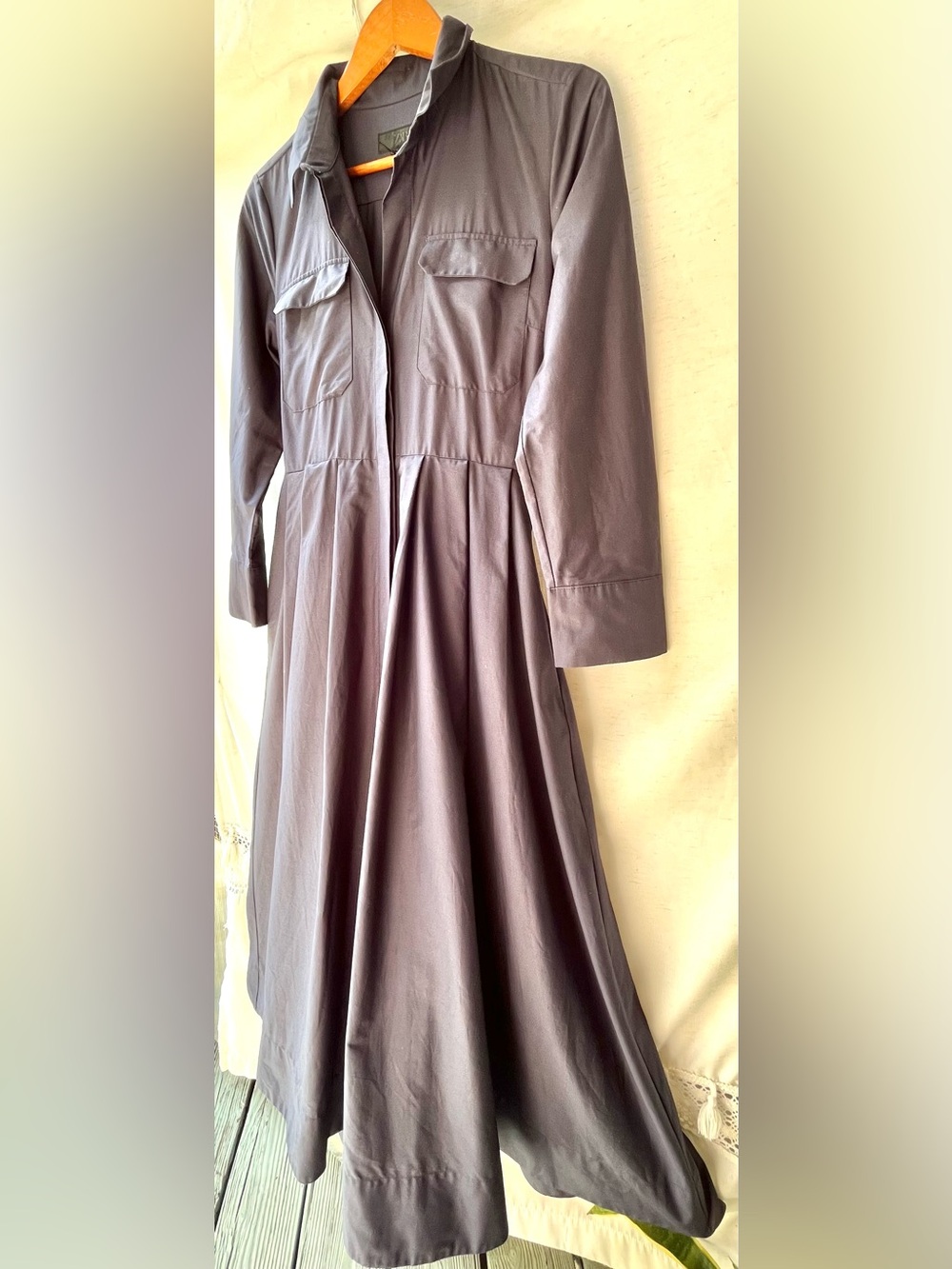 Zara Cotton Poplin Navy Shirt Dress Long Sleeves Turn-Down Collar Pockets Small - Picture 11 of 14